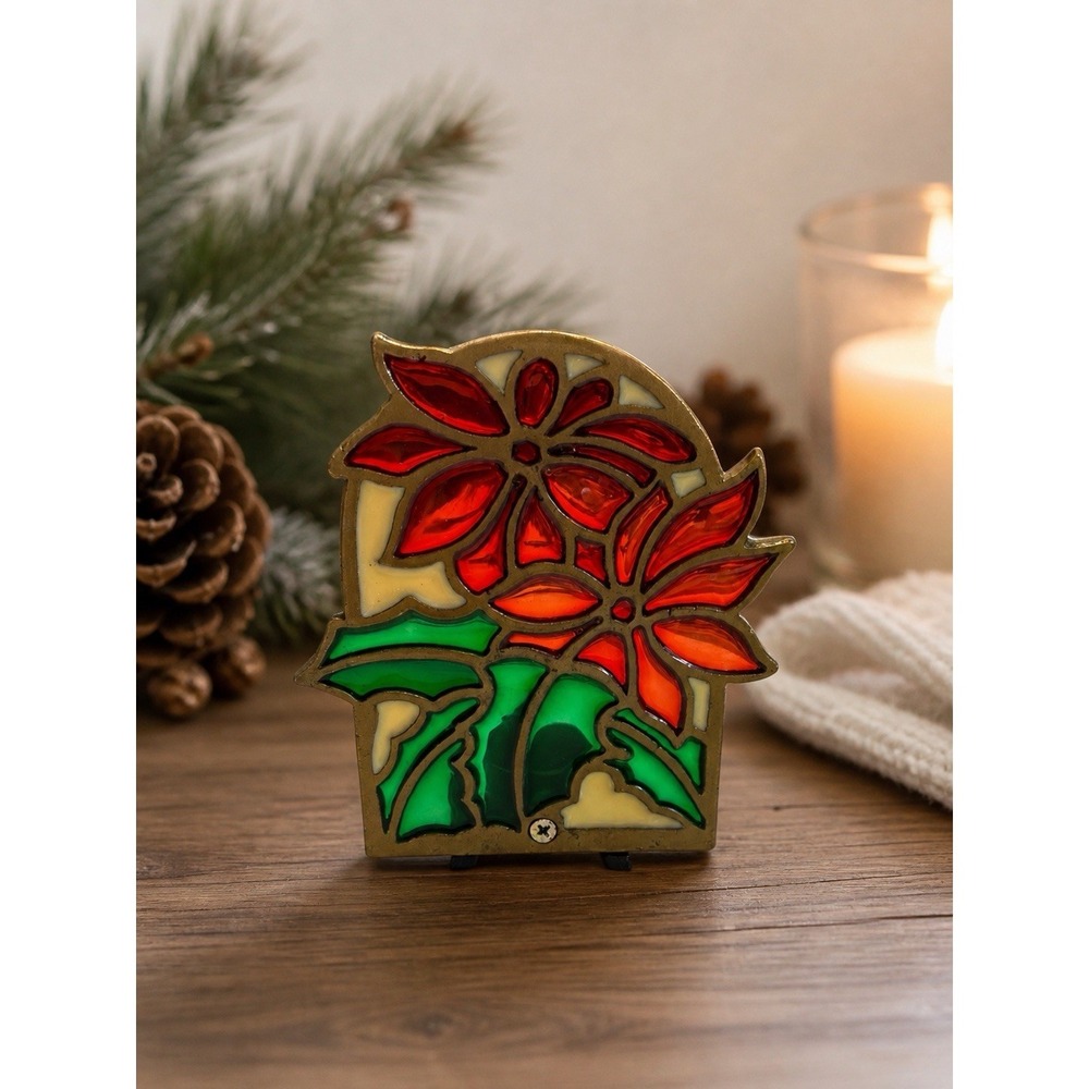 Vtg Stained Glass Cast Iron Tea Light Candle Holder Poinsettia Christmas Taiwan